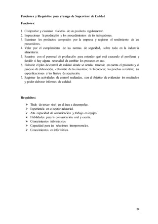 24
Funciones y Requisitos para el cargo de Supervisor de Calidad
Funciones:
1. Comprobar y examinar muestras de un producto regularmente.
2. Inspeccionar la producción y los procedimientos de los trabajadores.
3. Examinar los productos comprados por la empresa y registrar el rendimiento de los
proveedores.
4. Velar por el cumplimiento de las normas de seguridad, sobre todo en la industria
alimentaria.
5. Reunirse con el personal de producción para entender qué está causando el problema y
decidir si hay alguna necesidad de cambiar los procesos en uso.
6. Elaborar el plan de control de calidad donde se detalla, teniendo en cuenta el producto y el
proceso de elaboración, el tamaño de las muestras; la frecuencia; las pruebas a realizar; las
especificaciones y los límites de aceptación.
7. Registrar las actividades de control realizadas, con el objetivo de evidenciar los resultados
y poder elaborar informes de calidad.
Requisitos:
 Título de tercer nivel en el área a desempeñar.
 Experiencia en el sector industrial.
 Alta capacidad de comunicación y trabajo en equipo.
 Habilidades para la comunicación oral y escrita.
 Conocimientos informáticos.
 Capacidad para las relaciones interpersonales.
 Conocimientos en informática.
 