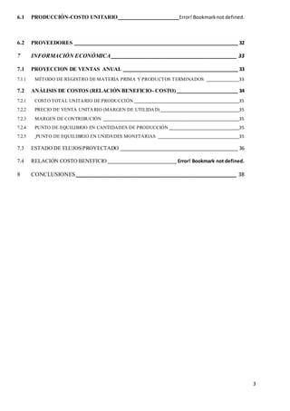 3
6.1 PRODUCCIÓN-COSTO UNITARIO________________________Error! Bookmarknot defined.
6.2 PROVEEDORES ________________________________________________________________ 32
7 INFORMACIÓN ECONÓMICA___________________________________________ 33
7.1 PROYECCION DE VENTAS ANUAL _____________________________________________ 33
7.1.1 MÉTODO DE REGISTRO DE MATERIA PRIMA Y PRODUCTOS TERMINADOS _______________33
7.2 ANÁLISIS DE COSTOS (RELACIÓN BENEFICIO- COSTO)________________________ 34
7.2.1 COSTO TOTAL UNITARIO DE PRODUCCIÓN ________________________________________________35
7.2.2 PRECIO DE VENTA UNITARIO (MARGEN DE UTILIDAD)____________________________________35
7.2.3 MARGEN DE CONTRIBUCIÓN ______________________________________________________________35
7.2.4 PUNTO DE EQUILIBRIO EN CANTIDADES DE PRODUCCIÓN ________________________________35
7.2.5 PUNTO DE EQUILIBRIO EN UNIDADES MONETARIAS _____________________________________35
7.3 ESTADO DE FLUJOS PROYECTADO ______________________________________________ 36
7.4 RELACIÓN COSTO BENEFICIO ___________________________ Error! Bookmark not defined.
8 CONCLUSIONES_______________________________________________________ 38
 