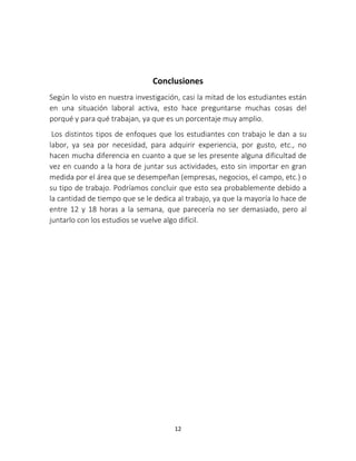Conclusiones 
Según lo visto en nuestra investigación, casi la mitad de los estudiantes están 
en una situación laboral activa, esto hace preguntarse muchas cosas del 
porqué y para qué trabajan, ya que es un porcentaje muy amplio. 
Los distintos tipos de enfoques que los estudiantes con trabajo le dan a su 
labor, ya sea por necesidad, para adquirir experiencia, por gusto, etc., no 
hacen mucha diferencia en cuanto a que se les presente alguna dificultad de 
vez en cuando a la hora de juntar sus actividades, esto sin importar en gran 
medida por el área que se desempeñan (empresas, negocios, el campo, etc.) o 
su tipo de trabajo. Podríamos concluir que esto sea probablemente debido a 
la cantidad de tiempo que se le dedica al trabajo, ya que la mayoría lo hace de 
entre 12 y 18 horas a la semana, que parecería no ser demasiado, pero al 
juntarlo con los estudios se vuelve algo difícil. 
12 
 