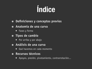 Índice
๏ Definiciones y conceptos previos
๏ Anatomía de una curva
• Fases y forma
๏ Tipos de cambio
• Por arriba y por abajo
๏ Análisis de una curva
• Qué hacemos en cada momento
๏ Recursos técnicos
• Apoyos, presión, pivotamiento, contrarrotación...
 