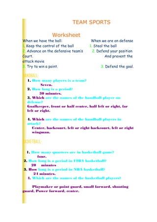 TEAM SPORTS
Worksheet
When we have the ball: When we are on defense
1. Keep the control of the ball 1. Steal the ball
2. Advance on the defensive team’s 2. Defend your position
Court. And prevent the
attack movie
3. Try to win a point. 3. Defend the goal.
HANDBALL:
1. How many players is a team?
Seven.
2. How long is a period?
30 minutes.
3. Which are the names of the handball player on
defense?
Goalkeeper, front or half center, half left or right, far
left or right.
4. Which are the names of the handball players in
attack?
Center, backcourt, left or right backcourt, left or right
wingman.
BASKETBALL:
1. How many quarters are in basketball game?
four.
2. How long is a period in FIBA basketball?
20 minutes
3. How long is a period in NBA basketball?
24 minutes.
4. Which are the names of the basketball players?
Playmaker or point guard, small forward, shooting
guard, Power forward, center.
 