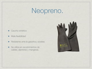Neopreno.

Caucho sintético

Mala ﬂexibilidad

Resistente ante la gasolina y aceites

Se utiliza en recubrimientos de
cables, alambres y mangeras.
 