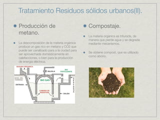 Tratamiento Residuos sólidos urbanos(II).

Producción de                                Compostaje.
metano.                                      La materia orgánica es triturada, de
                                             manera que pierde agua y se degrada
La descomposición de la materia orgánica     mediante mecanismos.
produce un gas rico en metano y CO2 que
puede ser canalizado para a la ciudad para
                                             Se obtiene compost, que es utilizado
ser aprovechada domésticamente en
                                             como abono.
calefacciones, o bien para la producción
de energía eléctrica.
 