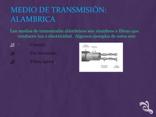 MEDIO DE TRANSMISIÓN:
ALAMBRICA
Los medios de transmisión alámbricos son alambres o fibras que
    conducen luz o electricidad. Algunos ejemplos de estos son:
 -      Coaxial.
 -      Par trenzado.
 -      Fibra óptica.
 