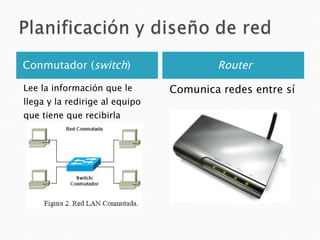 Conmutador ( switch ) Router Lee la información que le llega y la redirige al equipo que tiene que recibirla Comunica redes entre sí 