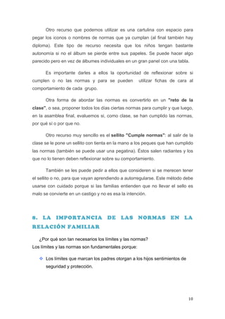 Otro recurso que podemos utilizar es una cartulina con espacio para
pegar los iconos o nombres de normas que ya cumplan (al final también hay
diploma). Este tipo de recurso necesita que los niños tengan bastante
autonomía si no el álbum se pierde entre sus papeles. Se puede hacer algo
parecido pero en vez de álbumes individuales en un gran panel con una tabla.

          Es importante darles a ellos la oportunidad de reflexionar sobre si
cumplen o no las normas y para se pueden               utilizar fichas de cara al
comportamiento de cada grupo.

          Otra forma de abordar las normas es convertirlo en un "reto de la
clase", o sea, proponer todos los días ciertas normas para cumplir y que luego,
en la asamblea final, evaluemos si, como clase, se han cumplido las normas,
por qué sí o por que no.

          Otro recurso muy sencillo es el sellito "Cumple normas": al salir de la
clase se le pone un sellito con tienta en la mano a los peques que han cumplido
las normas (también se puede usar una pegatina). Éstos salen radiantes y los
que no lo tienen deben reflexionar sobre su comportamiento.

          También se les puede pedir a ellos que consideren si se merecen tener
el sellito o no, para que vayan aprendiendo a autorregularse. Este método debe
usarse con cuidado porque si las familias entienden que no llevar el sello es
malo se convierte en un castigo y no es esa la intención.




8. LA IMPORTANCIA DE LAS NORMAS EN LA
RELACIÓN FAMILIAR

       ¿Por qué son tan necesarios los límites y las normas?
Los límites y las normas son fundamentales porque:

       v Los límites que marcan los padres otorgan a los hijos sentimientos de
          seguridad y protección.




	
                                                                                10	
  
 