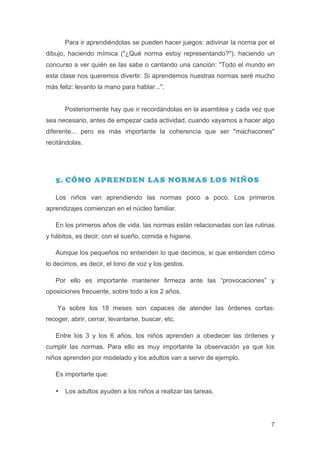 Para ir aprendiéndolas se pueden hacer juegos: adivinar la norma por el
dibujo, haciendo mímica ("¿Qué norma estoy representando?"), haciendo un
concurso a ver quién se las sabe o cantando una canción: "Todo el mundo en
esta clase nos queremos divertir. Si aprendemos nuestras normas seré mucho
más feliz: levanto la mano para hablar...".


           Posteriormente hay que ir recordándolas en la asamblea y cada vez que
sea necesario, antes de empezar cada actividad, cuando vayamos a hacer algo
diferente... pero es más importante la coherencia que ser "machacones"
recitándolas.




       5. CÓMO APRENDEN LAS NORMAS LOS NIÑOS

       Los niños van aprendiendo las normas poco a poco. Los primeros
aprendizajes comienzan en el núcleo familiar.

       En los primeros años de vida, las normas están relacionadas con las rutinas
y hábitos, es decir, con el sueño, comida e higiene.

       Aunque los pequeños no entienden lo que decimos, si que entienden cómo
lo decimos, es decir, el tono de voz y los gestos.

       Por ello es importante mantener firmeza ante las “provocaciones” y
oposiciones frecuente, sobre todo a los 2 años.

       Ya sobre los 18 meses son capaces de atender las órdenes cortas:
recoger, abrir, cerrar, levantarse, buscar, etc.

       Entre los 3 y los 6 años, los niños aprenden a obedecer las órdenes y
cumplir las normas. Para ello es muy importante la observación ya que los
niños aprenden por modelado y los adultos van a servir de ejemplo.

       Es importarte que:

       •   Los adultos ayuden a los niños a realizar las tareas.




	
                                                                              7	
  
 