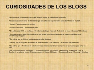 CURIOSIDADES DE LOS BLOGS   La mayoría de los visitantes de un blog estarán menos de 5 segundos visitándolo    * Cada día se crean cerca de 120.000 blogs. Una cifra muy superior a los cerca de 17.000 en el 2004  * Cada 0.7 segundos se crea un blog  * Cada día se crean 1.4 millones de posts  * En octubre del 2005 se contaban 100 millones de blogs. Hoy, solo Technorati ya tiene indexados 133 millones  * Curiosamente en el top 100 de Alexa no hay ningún blog (pero sí servicios de creación de blogs como WordPress y Blogger)  * Se estima que un 95% de los blogs estarían abandonados  * Del top 100 de blogs en Techonrati, 98 están en inglés, 1 en italiano y 1 en español (Microsiervos)  * Se estima que 1.7 millones de estadounidenses listan ‘ganar dinero’ como una de las razones para tener un blog  * De los 100 blogs más populares, 27 usaban WordPress, 16 Typepad, 14 Blogsmith, 12 Movable Type, 8 Gawker, 8 un sistema propio, 5 Wordpress.com, 4 Drupal, 3 Blogger, 1 Expression Engine, 1 Scoop y 1 Bricolage   