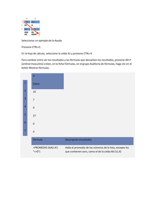 Seleccionar un ejemplo de la Ayuda
Presione CTRL+C.
En la hoja de cálculo, seleccione la celda A1 y presione CTRL+V.
Para cambiar entre ver los resultados y las fórmulas que devuelven los resultados, presione Alt+º
(ordinal masculino) o bien, en la ficha Fórmulas, en el grupo Auditoría de fórmulas, haga clic en el
botón Mostrar fórmulas.
A
1

Datos

2

10

3

7

4

9

5

27

6

0

7

4
Fórmula

Descripción (resultado)

=PROMEDIO.SI(A2:A7;
"<>0")

Halla el promedio de los números de la lista, excepto los
que contienen cero, como el de la celda A6 (11,4)

 