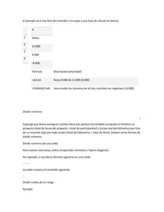 El ejemplo será más fácil de entender si lo copia a una hoja de cálculo en blanco.
A
1
2

Datos
15.000

3
9.000
4
-8.000
Fórmula

Descripción (resultado)

=A2-A3

Resta 9.000 de 15.000 (6.000)

=SUMA(A2:A4)

Suma todos los números de la lista, incluidos los negativos (16.000)

Dividir números

Suponga que desea averiguar cuántas horas por persona ha tardado un equipo en finalizar un
proyecto (total de horas del proyecto ÷ total de participantes) o la tasa real de kilómetros por litro
de un reciente viaje por todo el país (total de kilómetros ÷ total de litros). Existen varias formas de
dividir números.
Dividir números de una celda
Para realizar esta tarea, utilice el operador aritmético / (barra diagonal).
Por ejemplo, si escribe la fórmula siguiente en una celda:
=10/5

La celda muestra el resultado siguiente:
2

Dividir celdas de un rango
Ejemplo

 