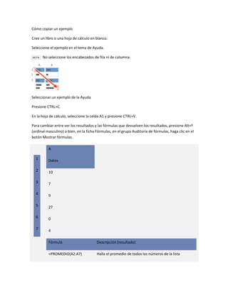 Cómo copiar un ejemplo
Cree un libro o una hoja de cálculo en blanco.
Seleccione el ejemplo en el tema de Ayuda.
NOTA

No seleccione los encabezados de fila ni de columna.

Seleccionar un ejemplo de la Ayuda
Presione CTRL+C.
En la hoja de cálculo, seleccione la celda A1 y presione CTRL+V.
Para cambiar entre ver los resultados y las fórmulas que devuelven los resultados, presione Alt+º
(ordinal masculino) o bien, en la ficha Fórmulas, en el grupo Auditoría de fórmulas, haga clic en el
botón Mostrar fórmulas.
A
1

Datos

2

10

3

7

4

9

5

27

6

0

7

4
Fórmula

Descripción (resultado)

=PROMEDIO(A2:A7)

Halla el promedio de todos los números de la lista

 