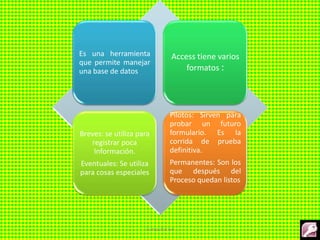 Es una herramienta
que permite manejar
una base de datos
Access tiene varios
formatos :
Breves: se utiliza para
registrar poca
Información.
Eventuales: Se utiliza
para cosas especiales
Pilotos: Sirven para
probar un futuro
formulario. Es la
corrida de prueba
definitiva.
Permanentes: Son los
que después del
Proceso quedan listos
Computacion
 