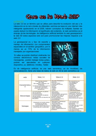 7
La Web 3.0
La web 3.0 es un término que se utiliza para describir la evolución del uso y la
interacción en la red a través de diferentes caminos se basa en una internet más
inteligente apareciendo en el 2006, habrán conceptos de múltiples fuentes se
puede deducir la información el significado del contenido, la web semántica es el
empuje de las tecnologías de inteligencia artificial también la web geoespacial o
la web 3D estos aspectos solo son para promocionar las mejoras respecto a la
web 2.0
La geoespacial es u tipo de soporte y
manejo de información con componentes
espaciales en el sentido geográfico, por lo
menos es un 70% de la información
manejada por organizaciones
En ellas se podrán distribuir viralmente los
correos electrónicos redes sociales de
mensajerías, podrán trabajar todas juntas,
podrán ser ejecutadas en cualquier
dispositivo, pc, teléfonos móviles, Tablet
Es de inteligencia artificial, es una web semántica, es de movilidad, de
personalización, tiene una base de datos, la web en 3D la web semántica se
 