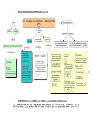 MAPA CONCEPTUAL GENERAL DE LAS TIC
BASAMENTOS LEGALES DE LAS TIC EN LA EDUCACIÓN VENEZOLANA
La Constitución de la República Bolivariana de Venezuela, establece en el
Artículo 108. Que todos los medios sociales (tanto públicos como privados)
 