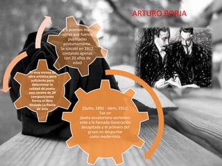 ARTURO BORJA
                       y 6 poemas más;
                       obras que fueron
                          publicadas
                        póstumamente.
                      Se suicidó en 1912,
                       contando apenas
                        con 20 años de
                              edad

 Es muy escasa su
obra artística pero
  suficiente para
   determinar la
calidad de poeta:
una corona de 20
  composiciones
   forma el libro
titulado La flauta
      de ónix                    (Quito, 1892 - idem, 1912)
                                             fue un
                                poeta ecuatoriano perteneci
                                ente a la llamada Generación
                                 decapitada y el primero del
                                    grupo en despuntar
                                     como modernista.
 