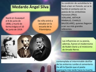 Su condición de autodidacta lo
                                             llevó a leer en francés; así se le
      Medardo Ángel Silva                    facilitó el contacto con la
                                             poesía de los simbolistas
                                             franceses (PAUL
Nació en Guayaquil                           VERLAINE, ARTHUR
el 8 de junio de      De niño entró a        RIMBAUD, CHARLES
1898, y murió de       estudiar en la        BAUDELAIRE), quienes llegaron
forma trágica el 10    escuela de la         a ser sus más grandes
de junio de 1919.       Filantrópica.        referentes.



                                             Las influencias en su poesía,
                                             además, fueron el modernismo
                                             de Rubén Darío y el misticismo
                                             de Amado Nervo.



                                        contemplaba el interminable desfilar
                                        de los entierros rumbo al cementerio.
                                        De allí la fijación que el poeta
                                        expresaría más tarde hacia la muerte.
 