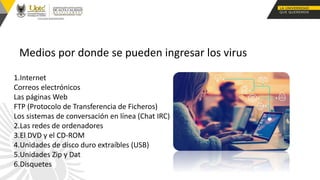 Medios por donde se pueden ingresar los virus
1.Internet
Correos electrónicos
Las páginas Web
FTP (Protocolo de Transferencia de Ficheros)
Los sistemas de conversación en línea (Chat IRC)
2.Las redes de ordenadores
3.El DVD y el CD-ROM
4.Unidades de disco duro extraíbles (USB)
5.Unidades Zip y Dat
6.Disquetes
 