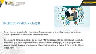 EN QUE CONSISTE UN ATAQUE
Es un intento organizado e intencionado causada por una o más personas para causar
daño o problemas a un sistema informático o red.
El problema de la propagación de los virus informáticos puede ser significativo teniendo
en cuenta que un virus puede dañar o eliminar datos del equipo, usar el programa de
correo electrónico para propagarse a otros equipos o incluso borrar todo el contenido del
disco duro.
 