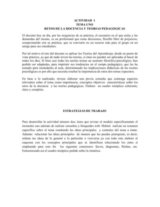 ACTIVIDAD 1
                                   TEMA UNO
                  RETOS DE LA DOCENCIA Y TEORIAS PEDAGOGICAS

El docente hoy en día, por las exigencias de su práctica, el escenario en el que actúa y las
demandas del mismo, es un profesional que toma decisiones, flexible libre de prejuicios,
comprometido con su práctica, que se convierte en un recurso más para el grupo en un
amigo para sus estudiantes.

Por tal motivo el reto del docente es aplicar las Teorías del Aprendizaje, desde un punto de
vista práctico, ya que de nada sirven las teorías, si éstas no pueden ser aplicadas al hacer de
todos los días. Si bien casi todas las teorías tienen un sustento filosófico-psicológico, han
podido ser adaptadas, para imprimir sus tendencias en el campo pedagógico, que las ha
tomado para trasladarlas al aula, determinando las implicaciones didácticas de las teorías
psicológicas es por ello que necesita resaltar la importancia de estos dos temas expuestos.

En base a lo analizado, sírvase elaborar una previa consulta que contenga aspectos
relevantes sobre el tema como importancia, conceptos objetivos características sobre los
retos de la docencia y las teorías pedagógicas. Elabore un cuadro sinóptico coherente,
claro y completo.




                                 ESTRATEGIAS DE TRABAJO


Para desarrollar la actividad número dos, tiene que revisar el modulo específicamente el
momento uno además de realizar consultas y búsquedas web. Deberá realizar un resumen
específico sobre el tema resaltando las ideas principales y centrales del tema a tratar.
Además relacionar las ideas principales de manera que las puedas jerarquizar, es decir,
ordena tus ideas de lo general a lo particular o viceversa ya con todo esto elabore el
esquema con los conceptos principales que se identifican relacionado los entre sí
empleando para este fin los siguiente conectores: llaves, diagramas, flechas, etc.
Estructurando así el cuadro sinóptico pedido sobre la temática.
 