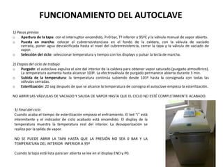 FUNCIONAMIENTO DEL AUTOCLAVE
1) Pasos previos
o Apertura de la tapa: con el interruptor encendido, P=0 bar, Tº inferior a 95ºC y la válvula manual de vapor abierta.
o Puesta en marcha: colocar el cubrerresistenciass en el fondo de la caldera, con la válvula de vaciado
     cerrada, poner agua descalcificada hasta el nivel del cubrerresistencia, cerrar la tapa y la válvula de vaciado de
     vapor.
o Selección del ciclo: seleccionar temperatura y tiempo con los displays y pulsar la tecla de marcha.

2) Etapas del ciclo de trabajo
o Purgado: el autoclave expulsa el aire del interior de la caldera para obtener vapor saturado (purgado atmosférico).
     La temperatura aumenta hasta alcanzar 103º. La electroválvula de purgado permanece abierta durante 3 min.
o Subida de la temperatura: la temperatura continúa subiendo desde 103º hasta la consignada con todas las
     válvulas cerradas.
o Esterilización: 20 seg después de que se alcance la temperatura de consigna el autoclave empieza la esterilización.

NO ABRIR LAS VÁLVULAS DE VACIADO Y SALIDA DE VAPOR HASTA QUE EL CICLO NO ESTÉ COMPLETAMENTE ACABADO.


 3) Final del ciclo
 Cuando acaba el tiempo de esterilización empieza el enfriamiento. El led “i” está
 intermitente y el indicador de ciclo acabado está encendido. El display de la
 temperatura muestra la temperatura real del interior. La desvaporización se
 realiza por la salida de vapor.

 NO SE PUEDE ABRIR LA TAPA HASTA QUE LA PRESIÓN NO SEA 0 BAR Y LA
 TEMPERATURA DEL INTERIOR INFERIOR A 95º

 Cuando la tapa está lista para ser abierta se lee en el display END y P0.
 