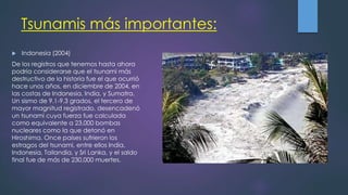 Tsunamis más importantes:
 Indonesia (2004)
De los registros que tenemos hasta ahora
podría considerarse que el tsunami más
destructivo de la historia fue el que ocurrió
hace unos años, en diciembre de 2004, en
las costas de Indonesia, India, y Sumatra.
Un sismo de 9.1-9.3 grados, el tercero de
mayor magnitud registrado, desencadenó
un tsunami cuya fuerza fue calculada
como equivalente a 23,000 bombas
nucleares como la que detonó en
Hiroshima. Once países sufrieron los
estragos del tsunami, entre ellos India,
Indonesia, Tailandia, y Sri Lanka, y el saldo
final fue de más de 230,000 muertes.
 