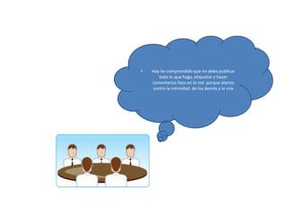 •   Hoy he comprendido que no debo publicar
       todo lo que hago, etiquetar y hacer
    comentarios feos en la red porque atento
    contra la intimidad de los demás y la mía
 