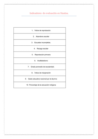 Indicadores de evaluación en Sinaloa.
1. Índice de reprobación
2. Abandono escolar
3. Escuelas incompletas.
4. Rezago escolar
5. Reprobación primaria
6. Analfabetismo
7. Grado promedio de escolaridad.
8. Índice de marginación
9. Gasto educativo nacional por el alumno
10. Porcentaje de la educación indígena
 
