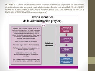 ACTIVIDAD 2. Analice los parámetros donde se centra las teorías de los pioneros del pensamiento
administrativoyrealiceunparaleloconlaadministracióneducativaenlaactualidad–EjercicioSOBRE
VISIÓN DE ADMINSITARCIÓN EDUCATIVA POSTMODERNA. (LECTURA APORTES DE TAYLOR Y
FAYOLALAADMINISTRACIÓN–wwwisis.ufg.edu.su)
 