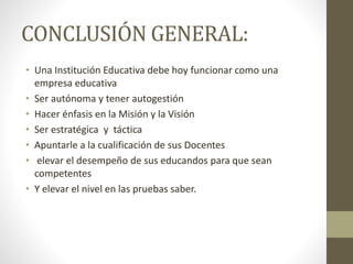 CONCLUSIÓN GENERAL:
• Una Institución Educativa debe hoy funcionar como una
empresa educativa
• Ser autónoma y tener autogestión
• Hacer énfasis en la Misión y la Visión
• Ser estratégica y táctica
• Apuntarle a la cualificación de sus Docentes
• elevar el desempeño de sus educandos para que sean
competentes
• Y elevar el nivel en las pruebas saber.
 