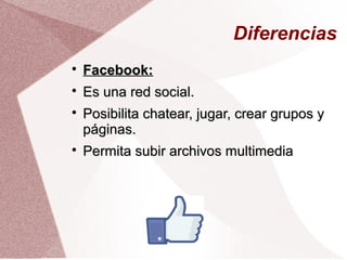 Diferencias

Facebook:Facebook:

Es una red social.Es una red social.

Posibilita chatear, jugar, crear grupos yPosibilita chatear, jugar, crear grupos y
páginas.páginas.

Permita subir archivos multimediaPermita subir archivos multimedia
 