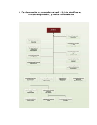 3. Escoja un medio, un entorno laboral, real o ficticio, identifique su
estructura organizativa, y analice su interrelación.
 