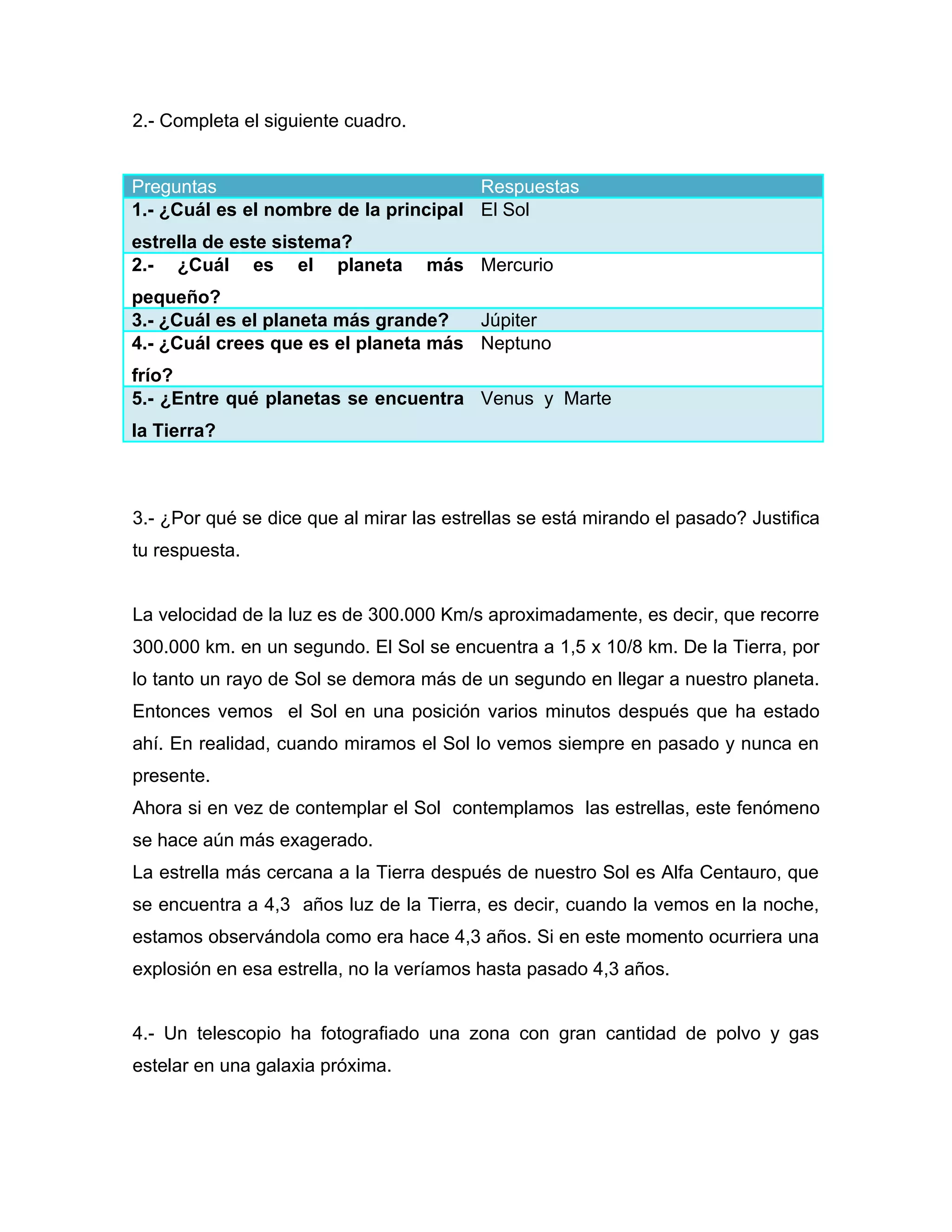 2.- Completa el siguiente cuadro.


Preguntas                              Respuestas
1.- ¿Cuál es el nombre de la principal El Sol
estrella de este sistema?
2.- ¿Cuál es el planeta             más Mercurio
pequeño?
3.- ¿Cuál es el planeta más grande?   Júpiter
4.- ¿Cuál crees que es el planeta más Neptuno
frío?
5.- ¿Entre qué planetas se encuentra Venus y Marte
la Tierra?



3.- ¿Por qué se dice que al mirar las estrellas se está mirando el pasado? Justifica
tu respuesta.


La velocidad de la luz es de 300.000 Km/s aproximadamente, es decir, que recorre
300.000 km. en un segundo. El Sol se encuentra a 1,5 x 10/8 km. De la Tierra, por
lo tanto un rayo de Sol se demora más de un segundo en llegar a nuestro planeta.
Entonces vemos el Sol en una posición varios minutos después que ha estado
ahí. En realidad, cuando miramos el Sol lo vemos siempre en pasado y nunca en
presente.
Ahora si en vez de contemplar el Sol contemplamos las estrellas, este fenómeno
se hace aún más exagerado.
La estrella más cercana a la Tierra después de nuestro Sol es Alfa Centauro, que
se encuentra a 4,3 años luz de la Tierra, es decir, cuando la vemos en la noche,
estamos observándola como era hace 4,3 años. Si en este momento ocurriera una
explosión en esa estrella, no la veríamos hasta pasado 4,3 años.


4.- Un telescopio ha fotografiado una zona con gran cantidad de polvo y gas
estelar en una galaxia próxima.
 