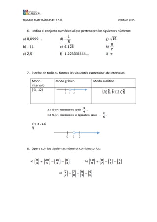 TRABAJO MATEMÁTICAS 4º E.S.O. VERANO 2015
6. Indica el conjunto numérico al que pertenecen los siguientes números:
7. Escribe en todas su formas las siguientes expresiones de intervalos:
Modo
intervalo
Modo gráfico Modo analítico
[-3 , 12)
e) [-3 , 12)
f)
8. Opera con los siguientes números combinatorios:
 