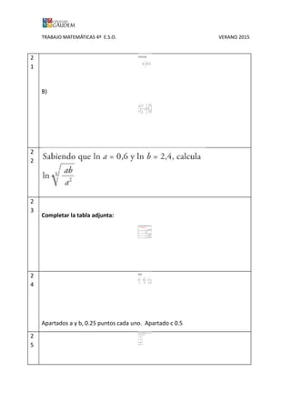 TRABAJO MATEMÁTICAS 4º E.S.O. VERANO 2015
2
1
B)
2
2
2
3
Completar la tabla adjunta:
2
4
Apartados a y b, 0.25 puntos cada uno. Apartado c 0.5
2
5
 