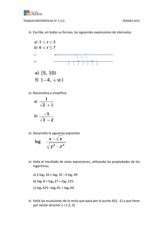 TRABAJO MATEMÁTICAS 4º E.S.O. VERANO 2015
31. Escribe, en todas su formas, las siguientes expresiones de intervalos:
32. Racionaliza y simplifica:
33. Desarrolla la siguiente expresión
34. Halla el resultado de estas expresiones, utilizando las propiedades de los
logaritmos.
a) 2 log4 16 + log2 32 −3 log7 49
b) log2 8 + log3 27 + log5 125
c) log5 625 −log9 81 + log8 64
35. Halla las ecuaciones de la recta que pasa por el punto A(3, -1) y que tiene
por vector director v = (-2, 3).
 