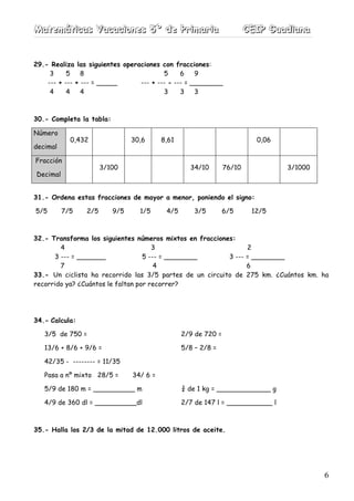 MMMaaattteeemmmááátttiiicccaaasss VVVaaacccaaaccciiiooonnneeesss 555ººº dddeee PPPrrriiimmmaaarrriiiaaa CCCEEEIIIPPP GGGuuuaaadddiiiaaannnaaa
6
29.- Realiza las siguientes operaciones con fracciones:
3 5 8 5 6 9
--- + --- + --- = _____ --- + --- - --- = ________
4 4 4 3 3 3
30.- Completa la tabla:
Número
decimal
0,432 30,6 8,61 0,06
Fracción
Decimal
3/100 34/10 76/10 3/1000
31.- Ordena estas fracciones de mayor a menor, poniendo el signo:
5/5 7/5 2/5 9/5 1/5 4/5 3/5 6/5 12/5
32.- Transforma los siguientes números mixtos en fracciones:
4 3 2
3 --- = _______ 5 --- = ________ 3 --- = ________
7 4 6
33.- Un ciclista ha recorrido las 3/5 partes de un circuito de 275 km. ¿Cuántos km. ha
recorrido ya? ¿Cuántos le faltan por recorrer?
34.- Calcula:
3/5 de 750 = 2/9 de 720 =
13/6 + 8/6 + 9/6 = 5/8 – 2/8 =
42/35 - -------- = 11/35
Pasa a nº mixto 28/5 = 34/ 6 =
5/9 de 180 m = __________ m ¾ de 1 kg = _____________ g
4/9 de 360 dl = __________dl 2/7 de 147 l = ___________ l
35.- Halla los 2/3 de la mitad de 12.000 litros de aceite.
 