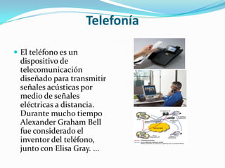 Telefonía
 El teléfono es un

dispositivo de
telecomunicación
diseñado para transmitir
señales acústicas por
medio de señales
eléctricas a distancia.
Durante mucho tiempo
Alexander Graham Bell
fue considerado el
inventor del teléfono,
junto con Elisa Gray. ...

 
