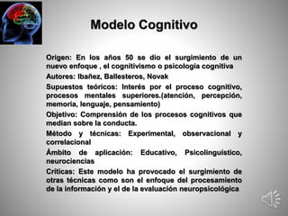Modelo Cognitivo 
Origen: En los años 50 se dio el surgimiento de un 
nuevo enfoque , el cognitivismo o psicología cognitiva 
Autores: Ibañez, Ballesteros, Novak 
Supuestos teóricos: Interés por el proceso cognitivo, 
procesos mentales superiores.(atención, percepción, 
memoria, lenguaje, pensamiento) 
Objetivo: Comprensión de los procesos cognitivos que 
median sobre la conducta. 
Método y técnicas: Experimental, observacional y 
correlacional 
Ámbito de aplicación: Educativo, Psicolinguístico, 
neurociencias 
Críticas: Este modelo ha provocado el surgimiento de 
otras técnicas como son el enfoque del procesamiento 
de la información y el de la evaluación neuropsicológica 
 