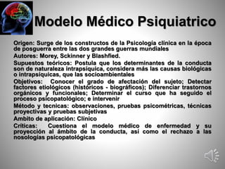 Modelo Médico Psiquiatrico 
Origen: Surge de los constructos de la Psicología clínica en la época 
de posguerra entre las dos grandes guerras mundiales 
Autores: Morey, Sckinner y Blashfied. 
Supuestos teóricos: Postula que los determinantes de la conducta 
son de naturaleza intrapsíquica, considera más las causas biológicas 
o intrapsíquicas, que las socioambientales 
Objetivos: Conocer el grado de afectación del sujeto; Detectar 
factores etiológicos (históricos - biográficos); Diferenciar trastornos 
orgánicos y funcionales; Determinar el curso que ha seguido el 
proceso psicopatológico; e intervenir 
Método y tecnicas: observaciones, pruebas psicométricas, técnicas 
proyectivas y pruebas subjetivas 
Ambito de aplicación: Clínico 
Críticas: Cuestiona el modelo médico de enfermedad y su 
proyección al ámbito de la conducta, así como el rechazo a las 
nosologías psicopatológicas 
 