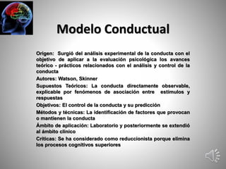 Modelo Conductual 
Origen: Surgió del análisis experimental de la conducta con el 
objetivo de aplicar a la evaluación psicológica los avances 
teórico - prácticos relacionados con el análisis y control de la 
conducta 
Autores: Watson, Skinner 
Supuestos Teóricos: La conducta directamente observable, 
explicable por fenómenos de asociación entre estímulos y 
respuestas 
Objetivos: El control de la conducta y su predicción 
Métodos y técnicas: La identificación de factores que provocan 
o mantienen la conducta 
Ámbito de aplicación: Laboratorio y posteriormente se extendió 
al ámbito clínico 
Criticas: Se ha considerado como reduccionista porque elimina 
los procesos cognitivos superiores 
 
