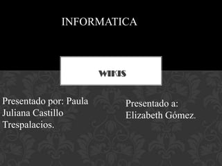 INFORMATICA



                        WIKIS


Presentado por: Paula       Presentado a:
Juliana Castillo            Elizabeth Gómez.
Trespalacios.
 