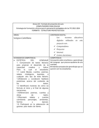 Anexo 24 – Formato de proyectos de aula 
COMPUTADORES PARA EDUCAR 
Estrategia de Formación y Acceso para la apropiación pedagógica de las TIC 2012-2014 
FORMATO - ESTRUCTURA PROYECTOS AULA 
AREAS: 
Lengua Castellana 
. 
CONTENIDO DIGITAL: 
Los recursos educativos 
digitales utilizados en este 
proyecto son : 
 Computadores 
 Proyector 
 Internet 
 Correo electrónico 
ESTANDAR DE COMPETENCIA: 
 ESTÉTICA DEL LENGUAJE 
1. Comprensión de textos literarios 
para propiciar el desarrollo de la 
capacidad creativa y lúdica. 
Para lo cual el estudiante: 
1.1 Leerá fábulas, cuentos, poemas, 
relatos mitológicos, leyendas, o 
cualquier otro tipo de texto literario. 
1.2Elaborará y socializará hipótesis 
predictivas acerca del contenido de 
los textos. 
1.3 Identificará maneras de cómo se 
formula el inicio y el final de algunas 
narraciones. 
1.4Diferenciará poemas, cuentos y 
obras de teatro. 
1.5Recreará relatos y cuentos 
cambiando personajes, ambientes, 
hechos y épocas. 
1.6 Participará en la elaboración de 
guiones para teatro de títeres. 
COMPETENCIA: 
Concepción sobre enseñanza y aprendizaje 
del Lenguaje que procura ayudarse de una 
realidad. 
Brindando conceptos de aprendizaje que se 
quieren con los estudiantes 
 