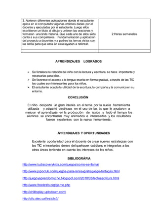 3. Abrieron diferentes aplicaciones donde el estudiante 
aplica en el computador algunas ordenes dadas por el 
docente y ejecutadas por el estudiante. Luego ellos 
escribieron un título al dibujo y unieron las oraciones y 
formaron una linda historia. Que cada uno de ellos se la 
contó a sus compañeros. Fundamentación y aplicación 
del proyecto a docentes y a padres los temas vistos con 
los niños para que ellos en casa ayuden a reforzar. 
2 Horas semanales 
APRENDIZAJES LOGRADOS 
 Se fortalece la relación del niño con la lectura y escritura, se hace importante y 
necesarias para ellos. 
 Se favorece el acceso a la lengua escrita en forma gradual, a través de las TIC 
las cuales son interesantes para los niños. 
 El estudiante acepta la utilidad de la escritura, la comparte y la comunica en su 
entorno. 
CONCLUSIÓN 
El niño despertó un gran interés en el tema por la nueva herramienta 
utilizada y adquirió destrezas en el uso de las tic que le ayudaron a 
mejorar el aprendizaje en la producción de textos .y todo el tiempo los 
alumnos se encontraron muy animados e interesados y los resultados 
fueron excelentes con la nueva herramienta. 
APRENDIZAJES Y OPORTUNIDADES 
Excelente oportunidad para el docente de crear nuevas estrategias con 
las TIC e insertarlas dentro del quehacer cotidiano e integrarlas a las 
otras áreas teniendo en cuenta los intereses de los niños. 
BIBLIOGRÁFIA 
http://www.tudiscoverykids.com/juegos/como-se-llama/ 
http://www.pipoclub.com/juegos-para-ninos-gratis/juego-tortugas.html 
http://juegoyaprendomucho.blogspot.com/2010/03/lectoescritura.html 
http://www.freetetris.org/game.php 
http://childsplay.uptodown.com/ 
http://clic.xtec.cat/es/clic3/ 
 