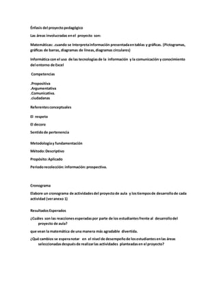 Énfasis del proyecto pedagógico 
Las áreas involucradas en el proyecto son: 
Matemáticas: .cuando se Interpreta información presentada en tablas y gráficas. (Pictogramas, 
gráficas de barras, diagramas de líneas, diagramas circulares) 
Informática con el uso de las tecnologías de la información y la comunicación y conocimiento 
del entorno de Excel 
Competencias 
.Propositiva 
.Argumentativa 
.Comunicativa. 
.ciudadanas 
Referentes conceptuales 
El respeto 
El decoro 
Sentido de pertenencia 
Metodología y fundamentación 
Método: Descriptivo 
Propósito: Aplicado 
Periodo recolección: información: prospectiva. 
Cronograma 
Elabore un cronograma de actividades del proyecto de aula y los tiempos de desarrollo de cada 
actividad (ver anexo 1) 
Resultados Esperados 
¿Cuáles son las reacciones esperadas por parte de los estudiantes frente al desarrollo del 
proyecto de aula? 
que vean la matemática de una manera más agradable divertida. 
¿Qué cambios se espera notar en el nivel de desempeño de los estudiantes en las áreas 
seleccionadas después de realizar las actividades planteadas en el proyecto? 
 