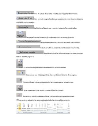 Nos da la lista de cuantas fuentes de citas en el documento. 
Nos permite elegir el estilo que necesitamos en el documento como 
es el APA-estilo chicago…. 
La bibliografía es la que enumera todas las fuentes citadas. 
Se puede insertar imágenes de imágenes o solo un pequeño texto. 
Es donde nos muestra una lista de tablas o ecuaciones. 
Actualizar tabla es para incluir entradas al documento. 
Se puede utilizar las referencias de cruzadas como ver 
tabla 6 o como pagina 8. 
Es cuando nos aparece el texto en el índice del documento. 
Esto nos da una lista de palabras clave junto con números de la página. 
Esto actualiza el índice para que todas las cosas se vayan actualizando. 
Sirve para seleccionar textos en una tabla seleccionada. 
Con esto se pueden hacer enumerar casos estados y otras autoridades. 
con esto se actualiza las autoridades de todas las citas del documento. 
 
