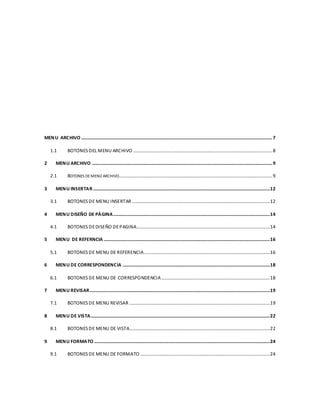 MENU ARCHIVO .................................................................................................................................................................. 7 
1.1 BOTONES DEL MENU ARCHIVO ...................................................................................................................... 8 
2 MENU ARCHIVO ......................................................................................................................................................... 9 
2.1 BOTONES DE MENÚ ARCHIVO.................................................................................................................................. 9 
3 MENU INSERTAR ...................................................................................................................................................... 12 
3.1 BOTONES DE MENU INSERTAR ..................................................................................................................... 12 
4 MENU DISEÑO DE PÁGINA..................................................................................................................................... 14 
4.1 BOTONES DE DISEÑO DE PAGINA................................................................................................................. 14 
5 MENU DE REFERNCIA ............................................................................................................................................. 16 
5.1 BOTONES DE MENU DE REFERENCIA........................................................................................................... 16 
6 MENU DE CORRESPONDENCIA ............................................................................................................................. 18 
6.1 BOTONES DE MENU DE CORRESPONDENCIA ............................................................................................ 18 
7 MENU REVISAR......................................................................................................................................................... 19 
7.1 BOTONES DE MENU REVISAR ....................................................................................................................... 19 
8 MENU DE VISTA........................................................................................................................................................ 22 
8.1 BOTONES DE MENU DE VISTA....................................................................................................................... 22 
9 MENU FORMATO ..................................................................................................................................................... 24 
9.1 BOTONES DE MENU DE FORMATO .............................................................................................................. 24 
 