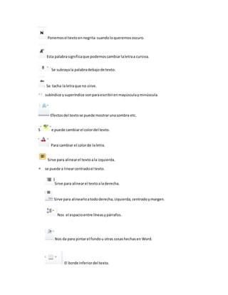 Ponemos el texto en negrita cuando lo queremos oscuro. 
Esta palabra significa que podemos cambiar la letra a cursiva. 
Se subraya la palabra debajo de texto. 
Se tacha la letra que no sirve. 
subíndice y superíndice son para escribir en mayúscula y minúscula. 
Efectos del texto se puede mostrar una sombra etc. 
S e puede cambiar el color del texto. 
Para cambiar el color de la letra. 
Sirve para alinear el texto a la izquierda. 
se puede a linear centrado el texto. 
Sirve para alinear el texto a la derecha. 
Sirve para alinearlo a todo derecha, izquierda, centrado y margen. 
Nos el espacio entre líneas y párrafos. 
Nos da para pintar el fondo u otras cosas hechas en Word. 
El borde inferior del texto. 
 