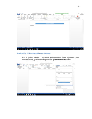 30
Ilustración 22 Encabezado con bandas.
En la parte inferior izquierda encontramos otras opciones para
encabezados, y también la opción de quitar el encabezado
 