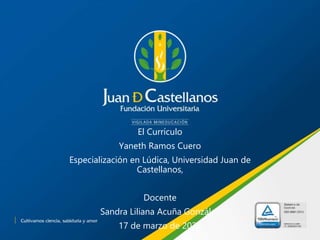 El Currículo
Yaneth Ramos Cuero
Especialización en Lúdica, Universidad Juan de
Castellanos,
Docente
Sandra Liliana Acuña González
17 de marzo de 2022
 