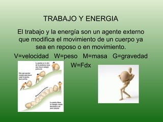 TRABAJO Y ENERGIA El trabajo y la energía son un agente externo que modifica el movimiento de un cuerpo ya sea en reposo o en movimiento. V=velocidad  W=peso  M=masa  G=gravedad W=Fdx 